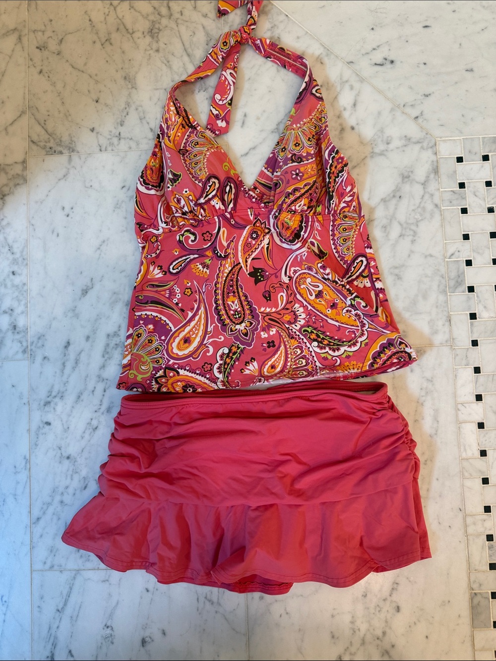 Lands' End Pink Paisley Halter Tankini with Pink Ruffle Swim Skirt